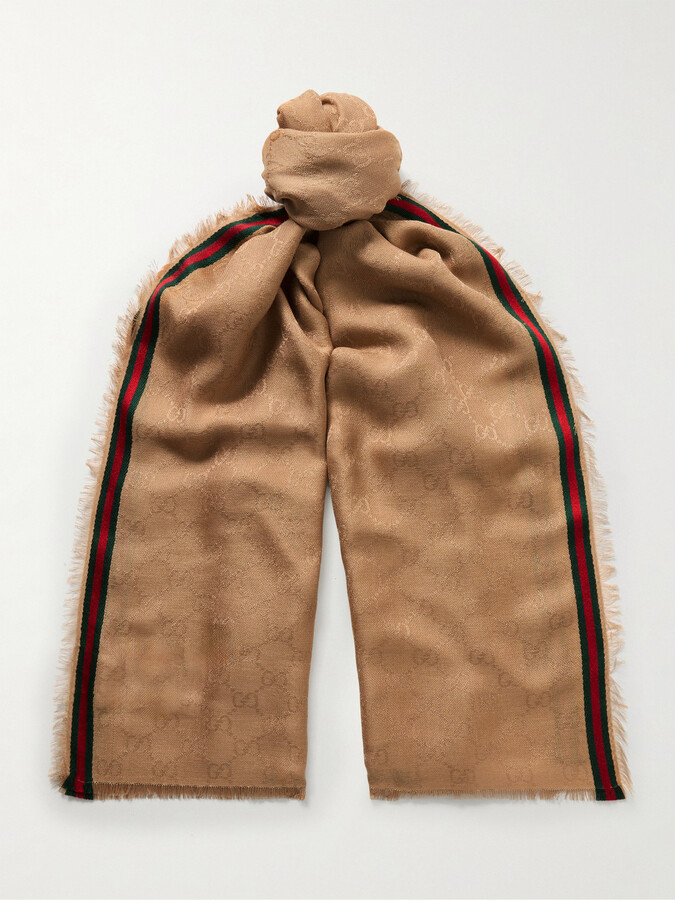 Gucci Frayed Striped Logo-Jacquard Silk and Cotton-Blend Scarf