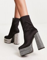 Thumbnail for your product : ASOS DESIGN Encore high-heeled embellished platform boots in black satin