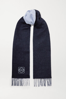 Loewe Fringed Embroidered Two-tone Wool And Cashmere-blend Scarf - Navy