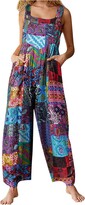 Thumbnail for your product : Rikay Women's Dungarees Jumpsuit Casual Summer Style Patchwork Printed Buttons Suspender Wide Leg Rompers Overalls Loose Playsuit Sleeveless Baggy Trousers Long Pants