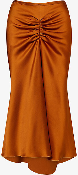 Victoria Beckham Womens Bronze Gathered Curved-Hem Woven Midi Skirt 8