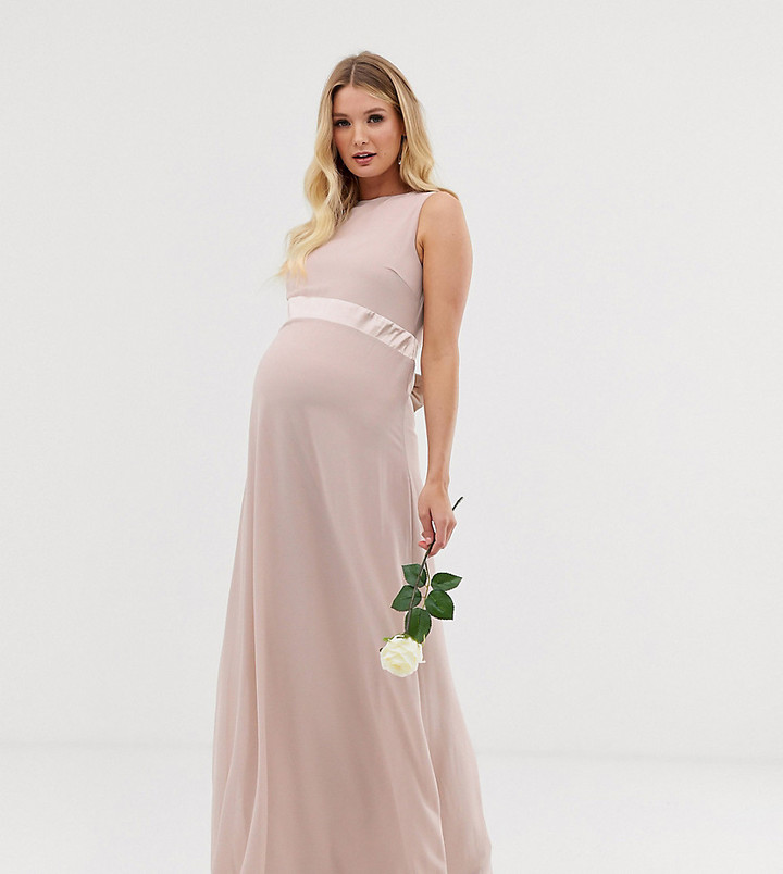TFNC Maternity bridesmaid exclusive satin bow back maxi dress in pink ...