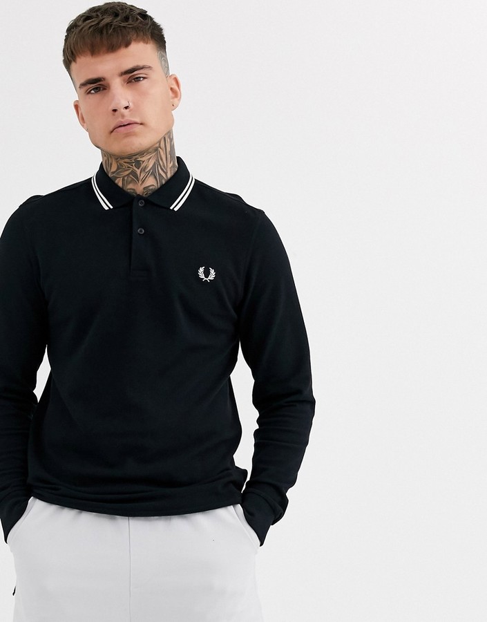 Fred Perry long sleeve twin tipped polo shirt in black - ShopStyle