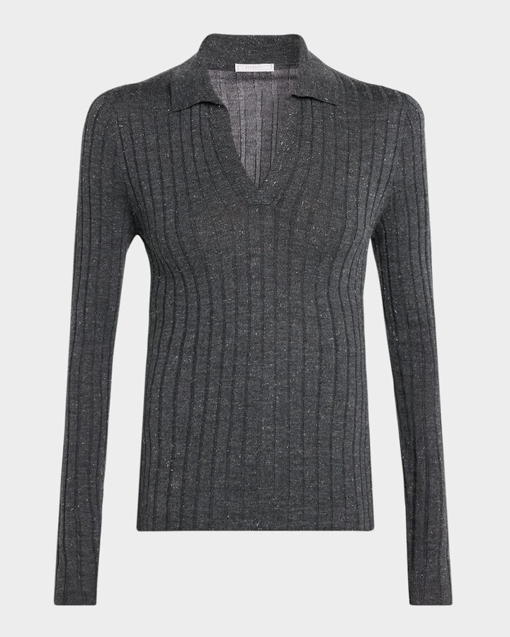 Peserico Ribbed Speckled Knit Polo Sweater