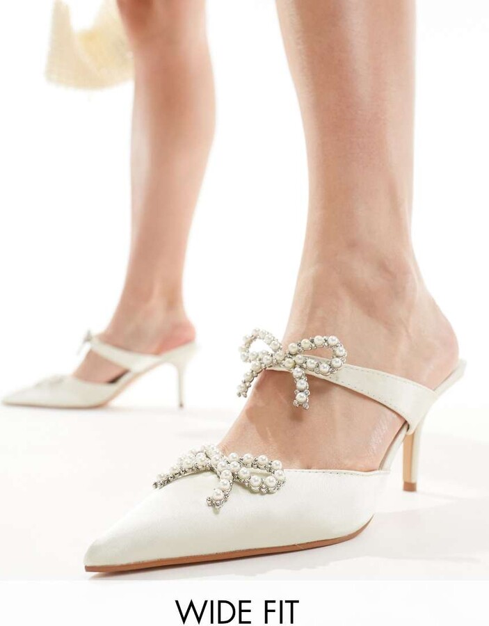 Wide Fit Embellished Heeled Mules Glamorous Wide Fit Bridal Pearl  Embellished Bow Heeled Mules In