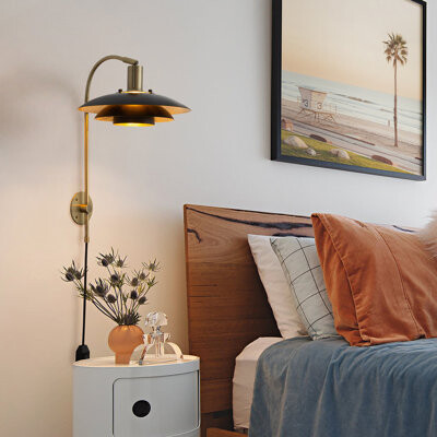 Nova of California Rancho Mirage Wall Sconce - Matte Black & Gold-Leaf Shade Weathered Brass Plug-in