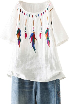 FTCayanz Women's Linen Shirts Summer Boho Embroidery Tunic Tops Casual Short  Sleeve Blouses White Medium - ShopStyle
