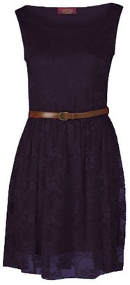 MMT Ladies Belted Floral Sleeveless Lace Skater Dress (ML (UK 12/14 US), )
