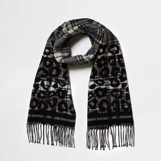 River Island Womens Grey check and leopard print scarf