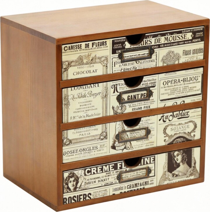 Yigii Vintage 4-Drawer Organizer: Solid Wood Newspaper Design Label Holders