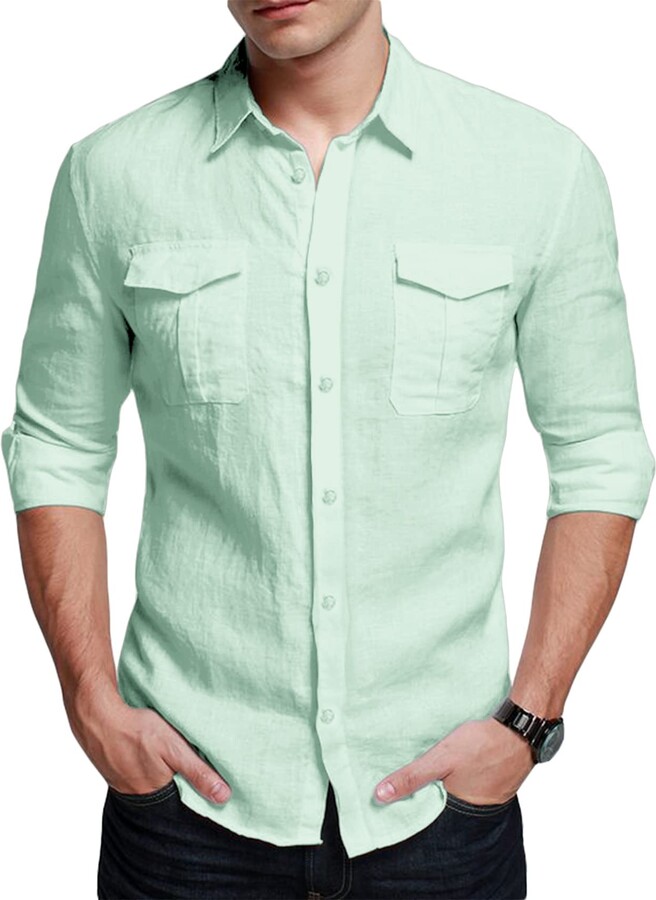 JXG Men Shirts Casual Button Up Contrast Long Sleeve Formal Loose Shirt Top