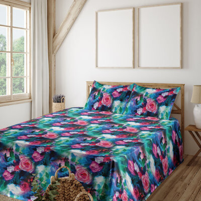 Ambesonne Watercolor Flowers Sheet Set Dreamy Floral Dark Coral Shamrock Green