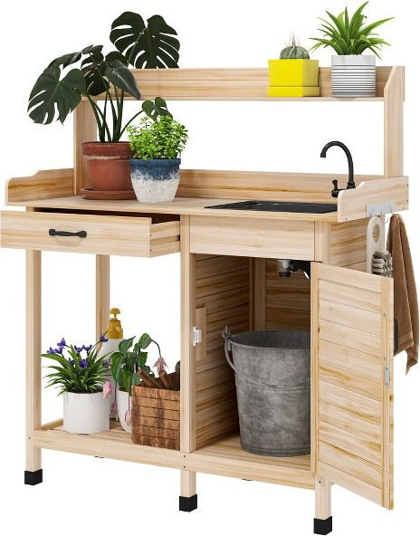 Outsunny OutsunnyGardenPottingBenchTablewithSinkLockableStorageCabinetandOpenShelfOutdoorPlantingWorkstationwithSteelTabletopNaturalWood