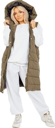 janisramone Womens Hooded Longline Jacket Ladies Quilted Gilet Puffer Padded Zipper Bodywarmer Winter Coat Olive