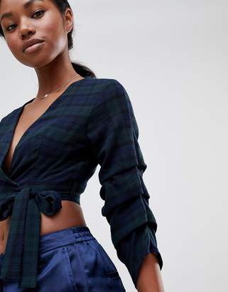 Love Checked Ruched Sleeve Tie Front Crop Top