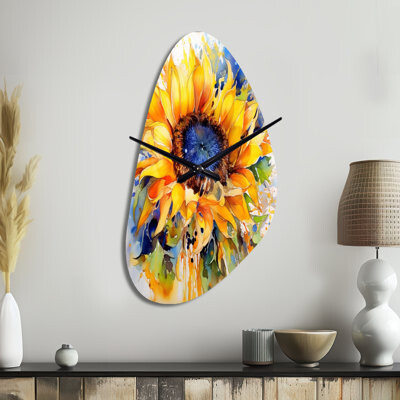 East Urban Home Cavaliere Yellow Blue Golden Cheerful Sunflowers - Floral Unique Shape Metal Wall Clock, Yellow Asymmetrical Clock Print