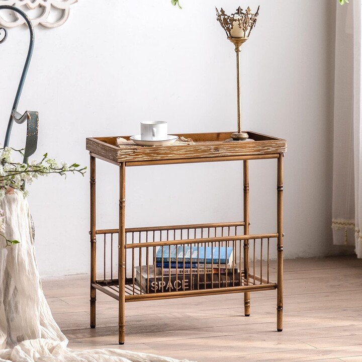 Howcool DOEWORKS Wood Vintage End Table with Storage, Living Room Tray