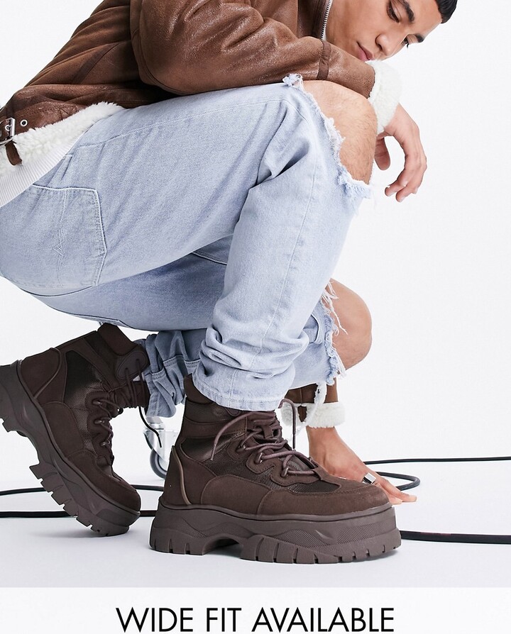 ASOS DESIGN lace up boots in brown faux suede on chunky sole