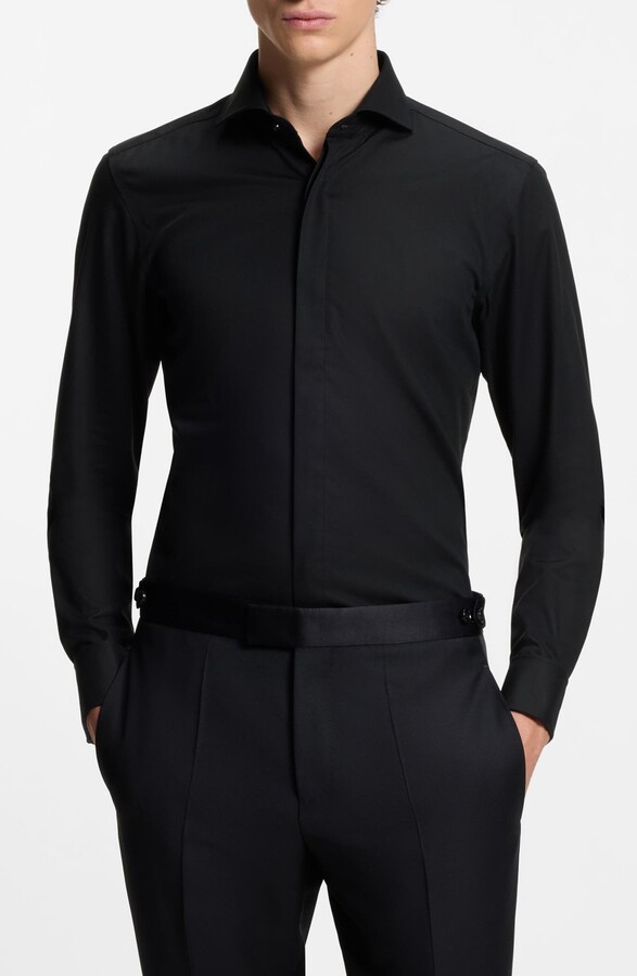 HUGO BOSS Hank Slim Fit Wrinkle Resistant Black Cotton Tuxedo Shirt