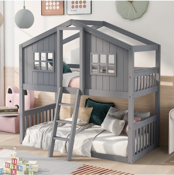 YIDA NATURAL TwinOverTwinHouseBunkBedwithLadder