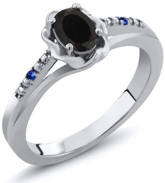 Gem Stone King 0.41 Ct Oval Black Onyx Blue Sapphire 14K White Gold Ring