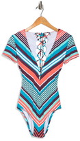 Thumbnail for your product : Laundry by Shelli Segal Plunging Neck Lace Back One Piece Swim Suit