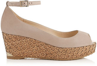 Jimmy Choo PACIFIC 70 Nude Suede Peep Toe Sandals with Lasered Cork Covered Wedge