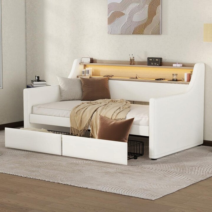 Harper&Bright Designs White Wood Twin Size PU Leather Upholstered Daybed with 2-Drawer, LED Lights, 2-Shelves, USB Charging, Nailhead Trim
