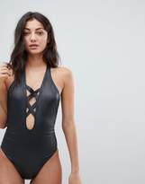 Thumbnail for your product : ASOS Tall Wetlook Ribbed Lattice Plunge Swimsuit