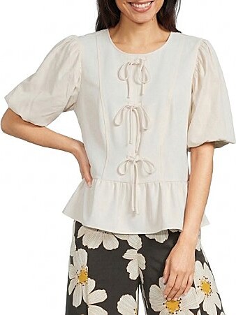 MelloDay Mixed Media Round Neck Short Puff Sleeve Bow Tie Front Peplum Blouse