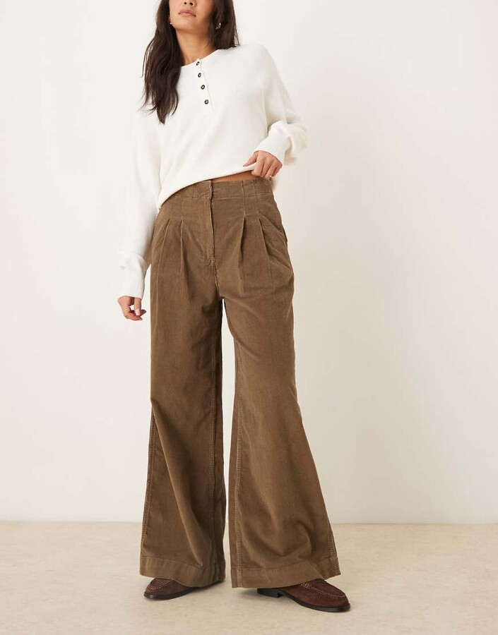 AWARE extra wide leg pleated front corduroy pants in teak
