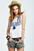 Thumbnail for your product : boohoo Laura Crinkle Cotton Embroidered Tassel Top