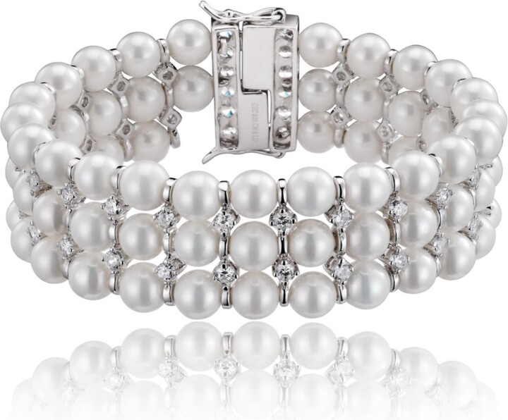 Genevive Sterling Silver White Gold Plated Cubic Zirconia 3 Row Pearl Bracelet