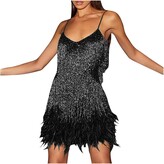 Thumbnail for your product : Zyerern Dresses for Women UK 1920s Fringe Dress Sexy Camis Halterneck Mini Club Dresses Fancy Sequins Feather Sling Cocktail Dresses Sleeveless Sparkly Party Dance Dress