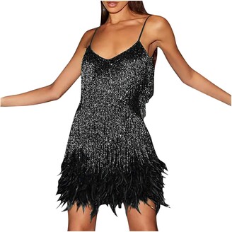 Zyerern Dresses for Women UK 1920s Fringe Dress Sexy Camis Halterneck Mini Club Dresses Fancy Sequins Feather Sling Cocktail Dresses Sleeveless Sparkly Party Dance Dress