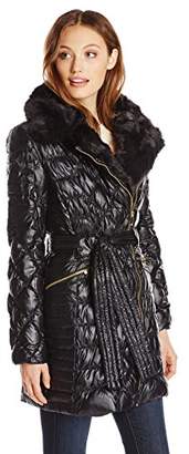 Via Spiga Women's Quilted Down Coat with Asymmetrical Zip and Faux-Fur Trim