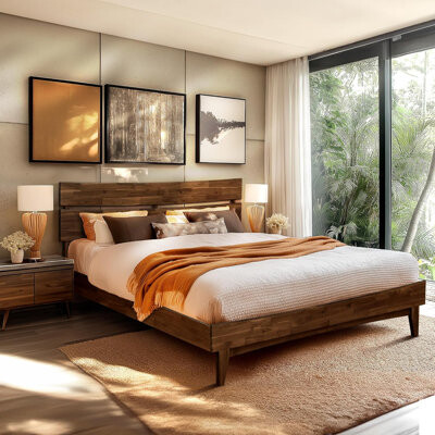 Blooming Acacia Wood Bed Frame With Headboard, 800 Lbs Capacity, Non-Slip & Noise-Free, Queen