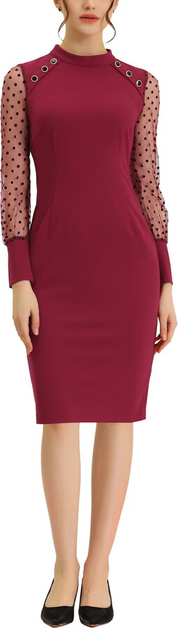 Unique Bargains Women’s Mock Neck Mesh Dots Sleeve Button Decor Midi Dress S Burgundy