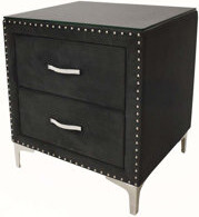 Everly Quinn Glam Style Nightstand with Two Drawers Nailhead Tufted Upholstery and Tempered Glass Top for Modern Bedrooms