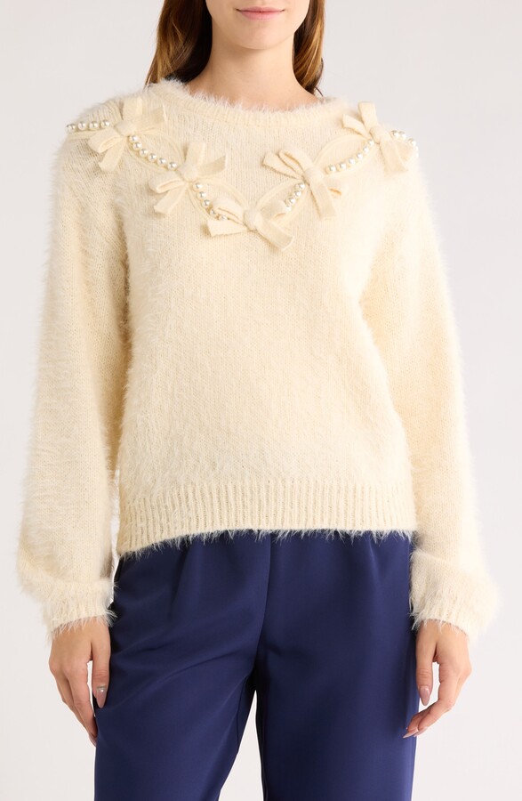 Love by Design Faux Pearl & Bow Embellished Crewneck Sweater