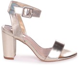 Thumbnail for your product : Linzi Millie Gold Metallic Open Toe Block Heels With Ankle Strap And Buckle Detail