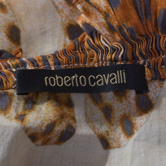 Roberto Cavalli Beige Leopard Printed Cotton Ruched Neckline Poet Blouse M