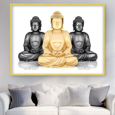 Lark Manor Trio of Buddhas - Gold Framed Matted Print for Home Decor