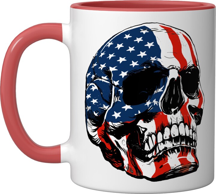 Gnarly American Flag Skull USA 4th of July Merica American Skull USA Flag Style 4th of July Old Glory Reaper Ceramic Mug, Red/White