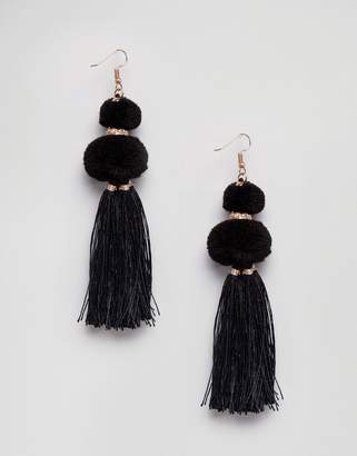 Glamorous Black Pom & Tassel Statement Earrings