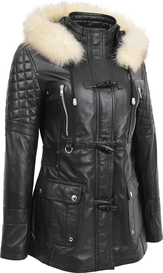 A1 FASHION GOODS Men's Real Leather Jacket - Black Box Hip Length Parka Coat With Faux Fur Collar
