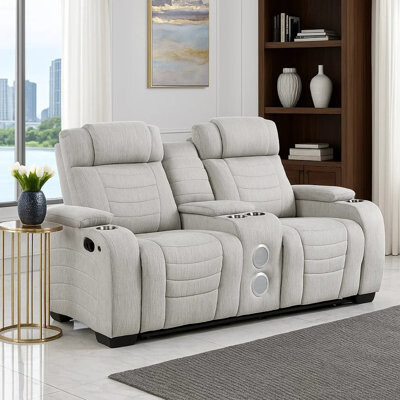 Benjara Reny Manual Reclining Loveseat W Center Console LED Base Light Gray