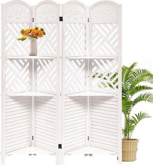 GustoWaveWhiteWoodenRoomDividerWall4Panel5.6FTTallRoomDividerwithShelvesFoldingPrivacyScreens67inforRoomSeparationHomeOffice