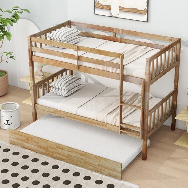 GDFStudioFerysModernRubberwoodBunkBedBunkBedwithTrundleLadderandSafetyGuardrailsNaturalTwin