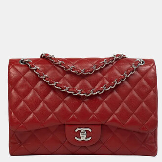 Chanel Red Lambskin Leather Timeless Jumbo Double Flap Shoulder Bag